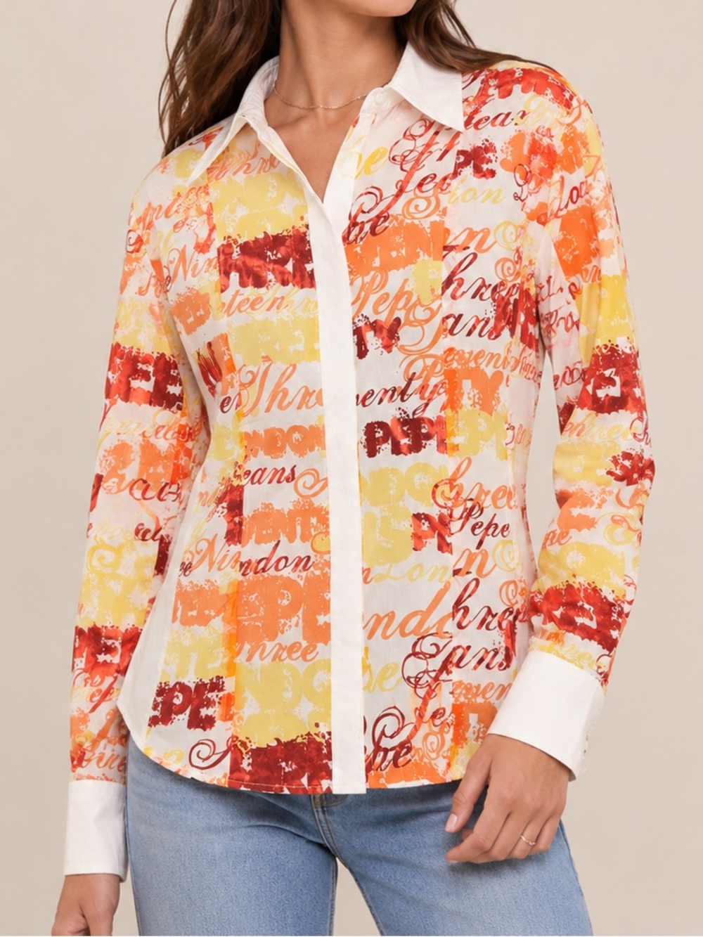Pepe Jeans London Orange Yellow Logo Print Button Down Shirt Long Sleeve Y2K
